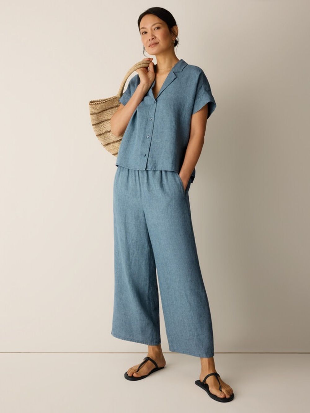 Eileen Fisher 100% Organic Linen Délavé Relaxed Wide-Leg Pants Blue Medium - Picture 1 of 13